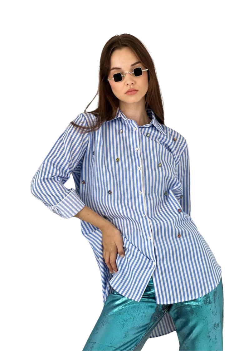 Blue And White Striped Shirt With Stone Embellishment - MISS POEM - Globality Store - Women Clothes Wholesale Turkey