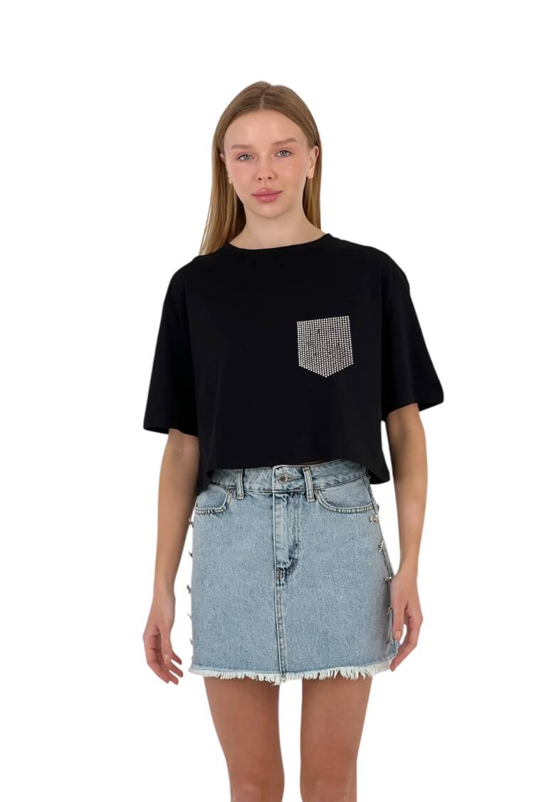 Stone Detailed Pocket Crop T-shirt - MISS POEM - Globality Store - Women Clothes Wholesale Turkey