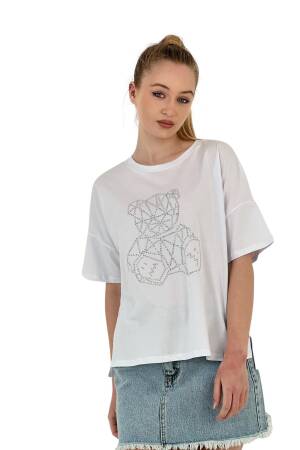 Teddy Bear Stone Printed Short Sleeve Loose Black T-Shirt - MISS POEM - Globality Store - Women Clothes Wholesale Turkey