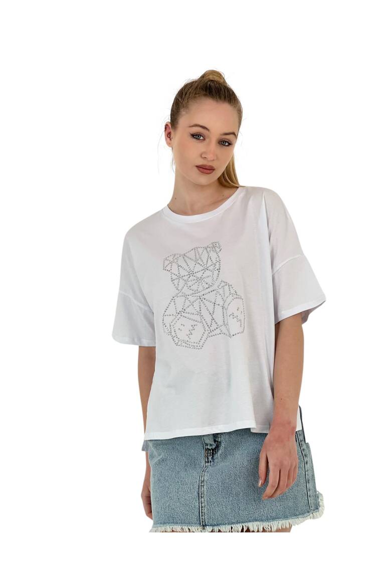Teddy Bear Stone Printed Short Sleeve Loose Black T-Shirt