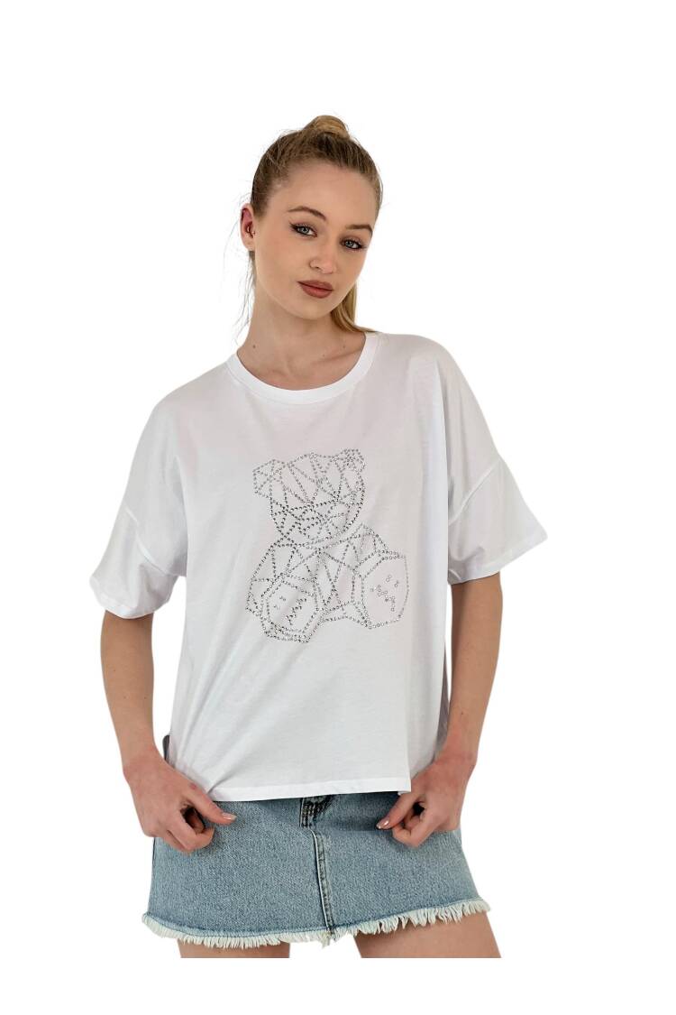 Teddy Bear Stone Printed Short Sleeve Loose Black T-Shirt
