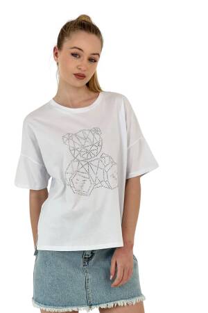 Teddy Bear Stone Printed Short Sleeve Loose Black T-Shirt - MISS POEM - Globality Store - Women Clothes Wholesale Turkey