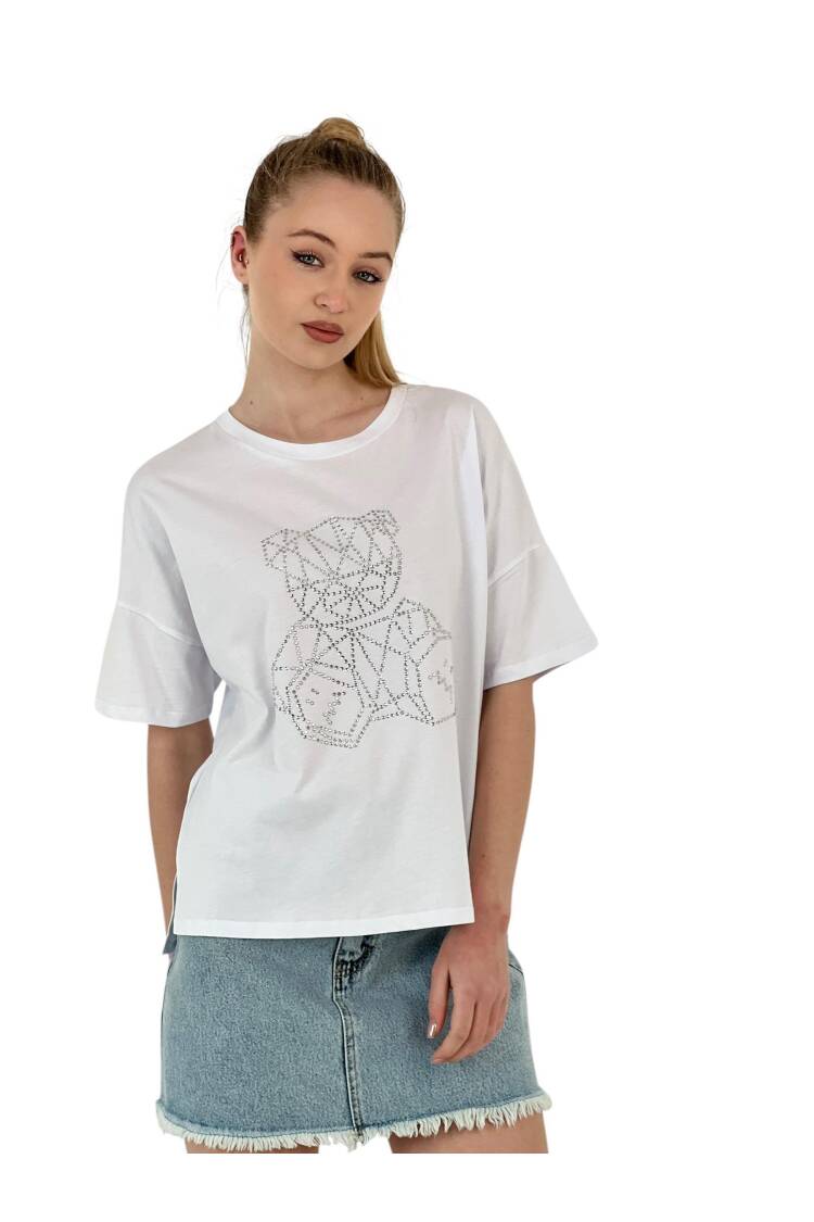 Teddy Bear Stone Printed Short Sleeve Loose Black T-Shirt