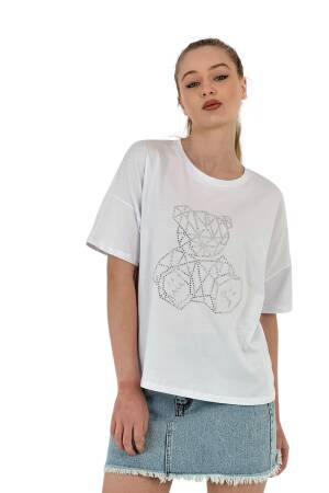 Teddy Bear Stone Printed Short Sleeve Loose Black T-Shirt - MISS POEM - Globality Store - Women Clothes Wholesale Turkey