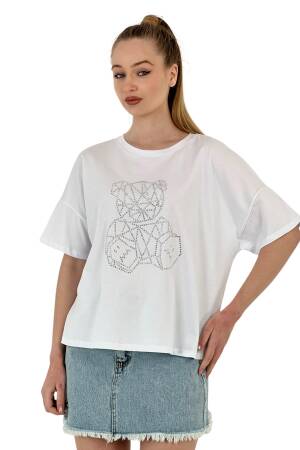 Teddy Bear Stone Printed Short Sleeve Loose Black T-Shirt