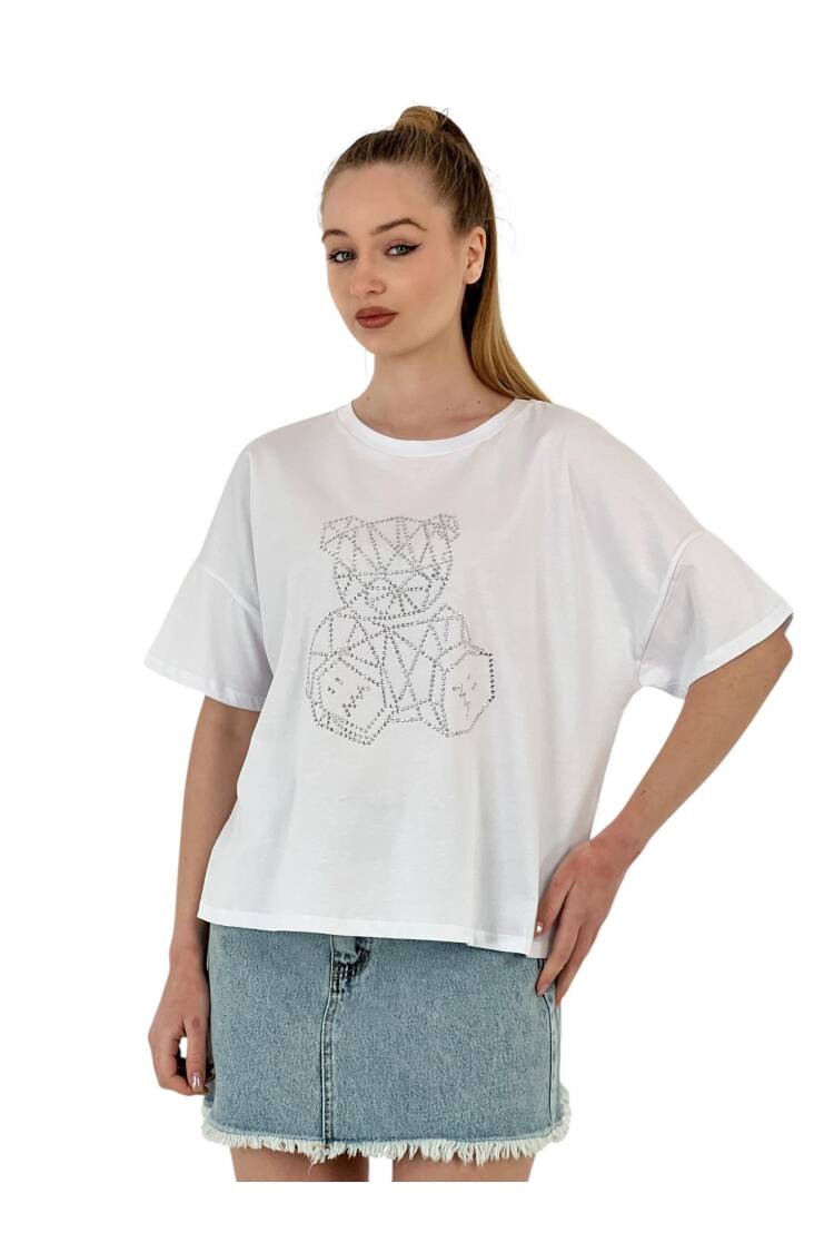 Teddy Bear Stone Printed Short Sleeve Loose Black T-Shirt
