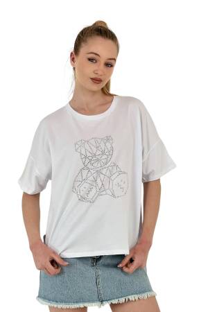 Teddy Bear Stone Printed Short Sleeve Loose Black T-Shirt