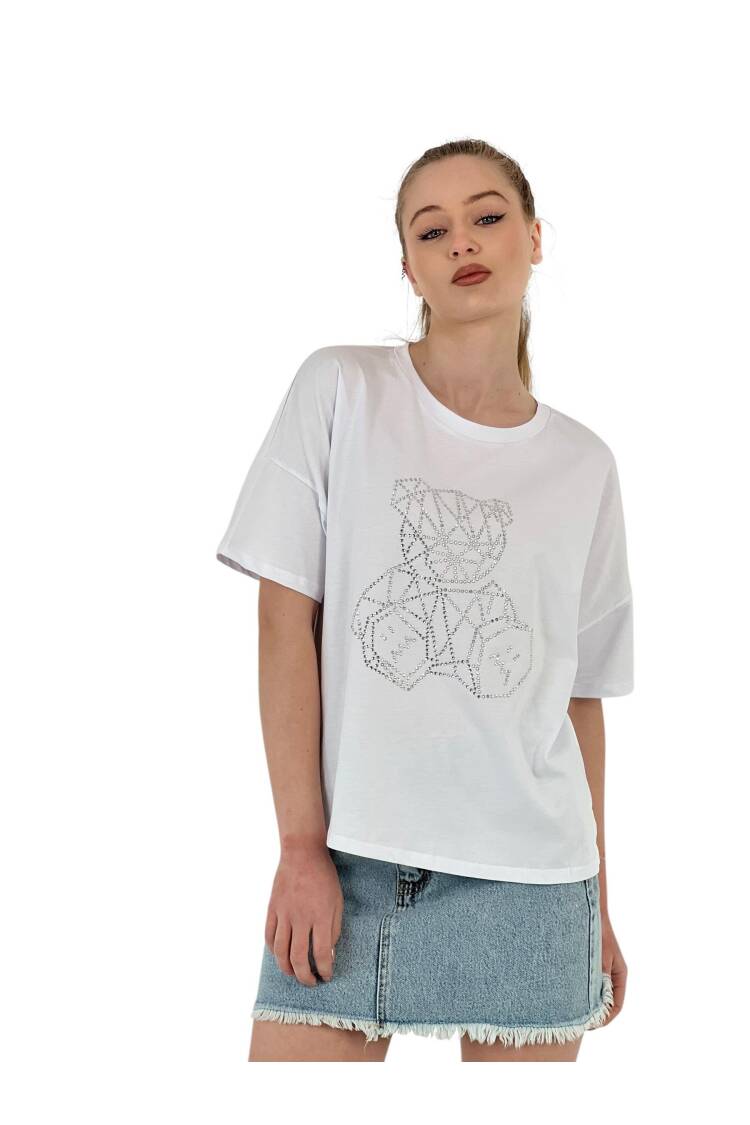 Teddy Bear Stone Printed Short Sleeve Loose Black T-Shirt
