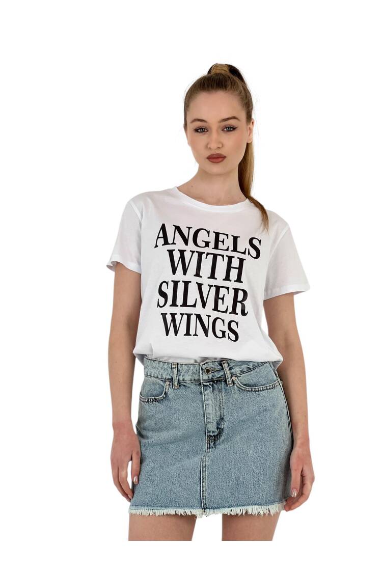 With Silver Wings Printed Black T-shirt - MISS POEM - Globality Store - Women Clothes Wholesale Turkey