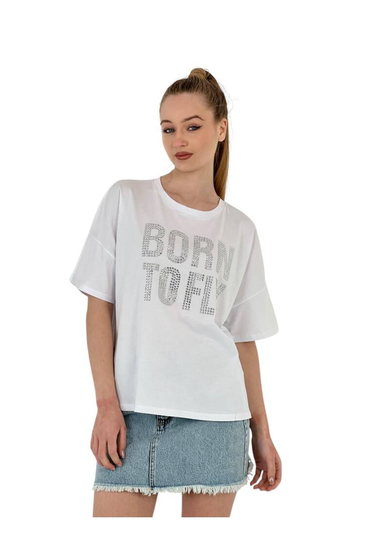 Stone Embroidered “born To Fly” Oversize T-Shirt — White & Grey