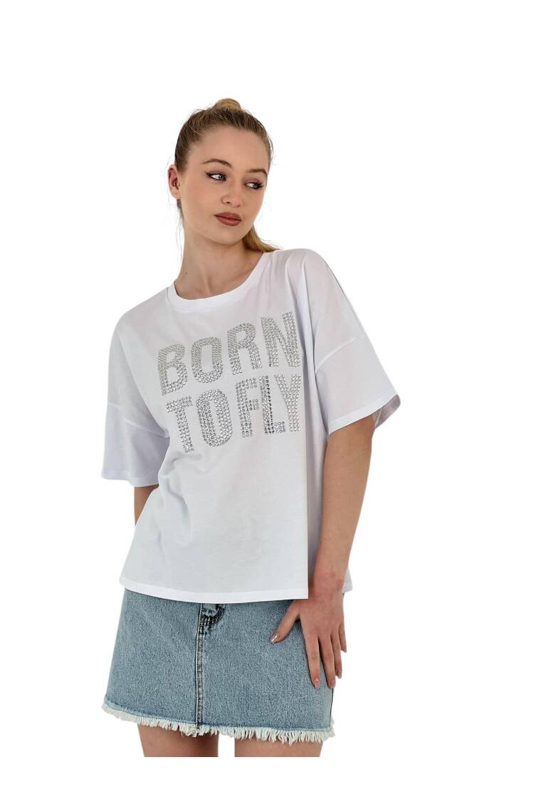 Stone Embroidered “born To Fly” Oversize T-Shirt — White & Grey