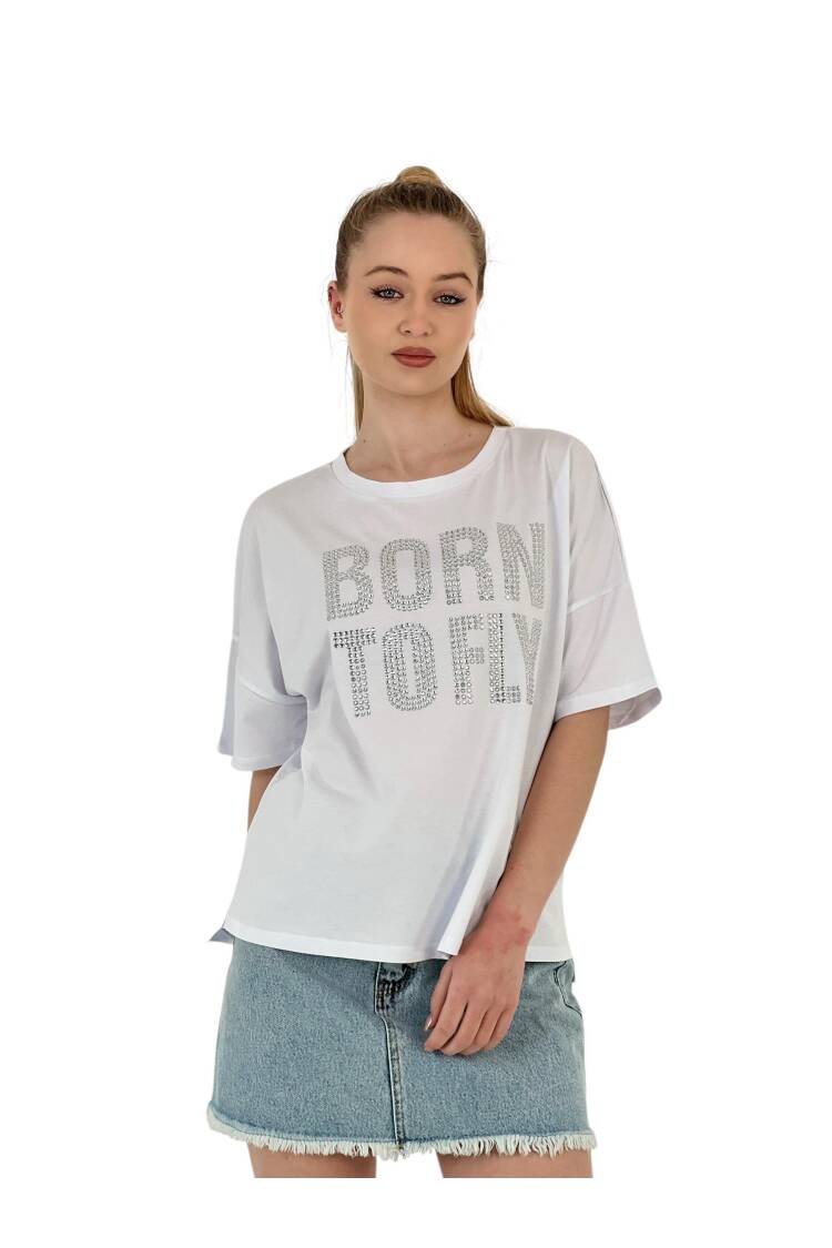 Stone Embroidered “born To Fly” Oversize T-Shirt — White & Grey - MISS POEM - Globality Store - Women Clothes Wholesale Turkey