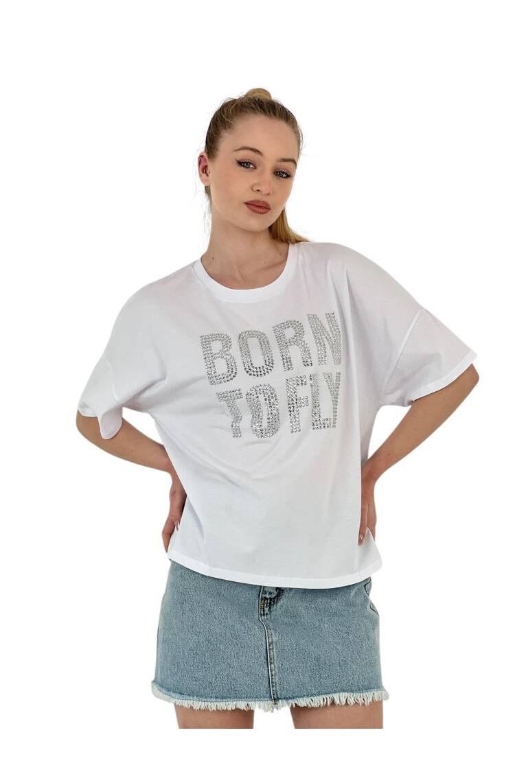 Stone Embroidered “born To Fly” Oversize T-Shirt — White & Grey