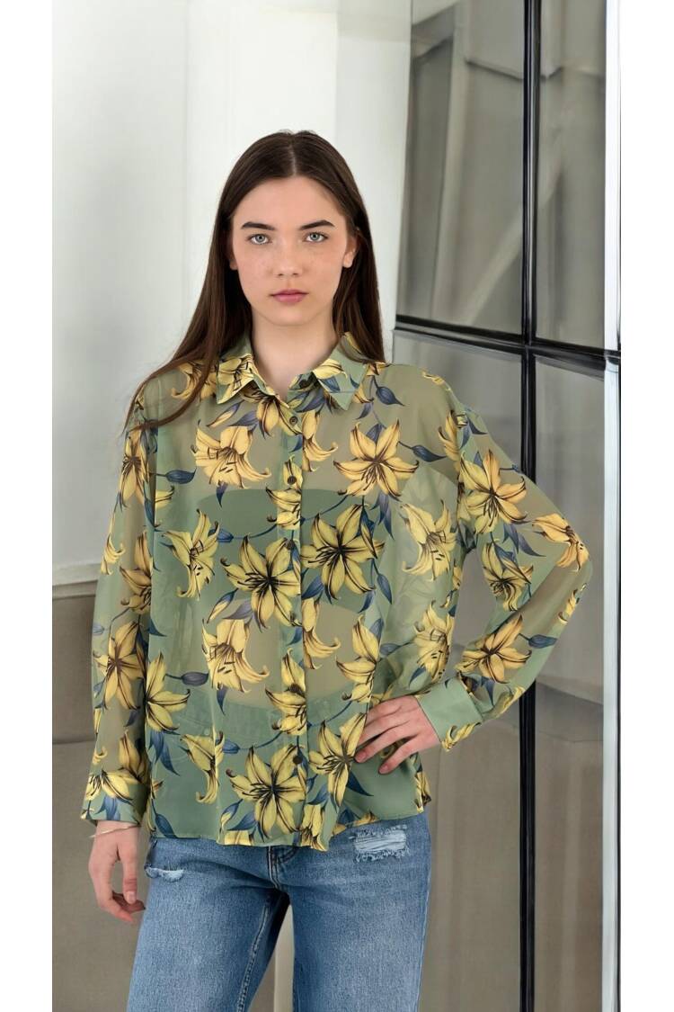 Floral Print Transparent Shirt - MISS POEM - Globality Store - Women Clothes Wholesale Turkey