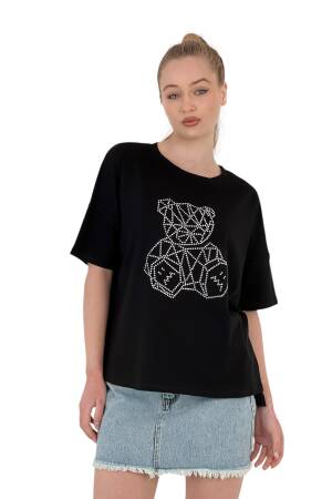 Teddy Bear Stone Printed Short Sleeve LooseT-Shirt - MISS POEM - Globality Store - Women Clothes Wholesale Turkey