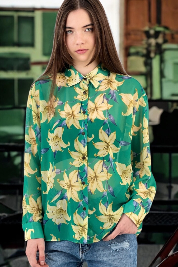 Floral Print Transparent Shirt - MISS POEM - Globality Store - Women Clothes Wholesale Turkey