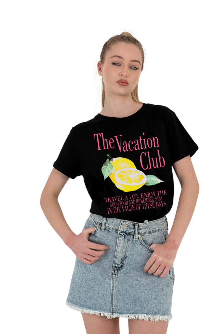 The Vacation Club Printed Black T-shirt - MISS POEM - Globality Store - Women Clothes Wholesale Turkey