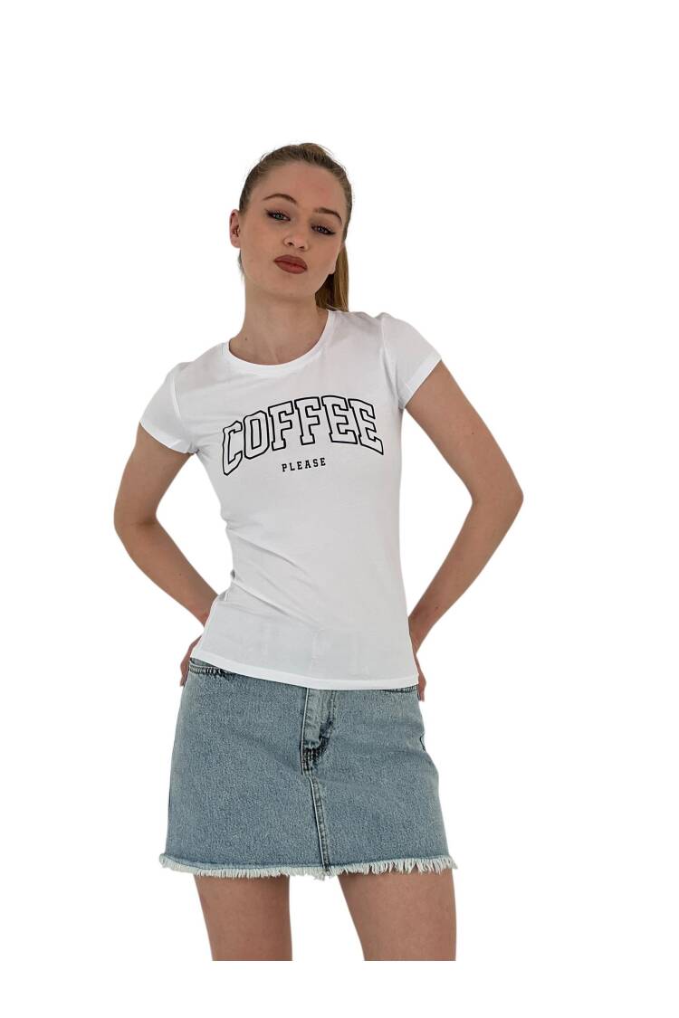 Summer Coffe Print Short Sleeve SkinnyT-Shirt - MISS POEM - Globality Store - Women Clothes Wholesale Turkey