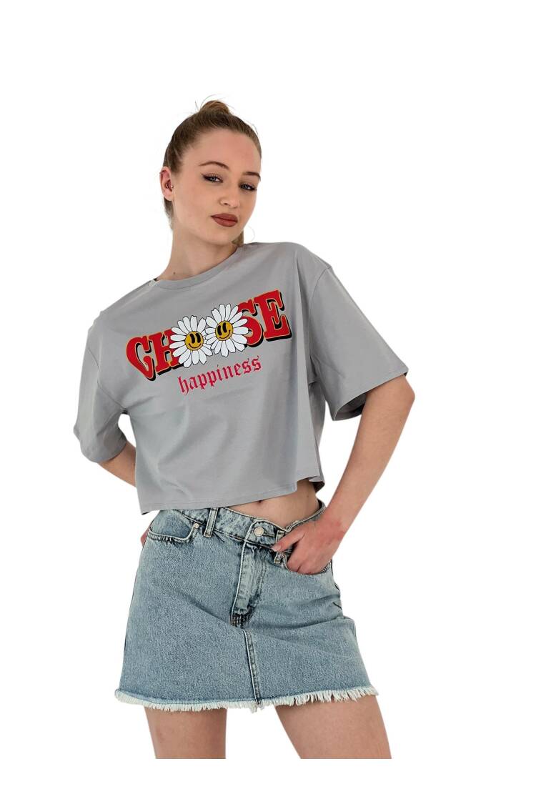 Oversize Floral Print Short White Crop T Shirt