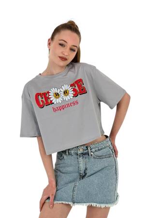 Oversize Floral Print Short White Crop T Shirt - MISS POEM - Globality Store - Women Clothes Wholesale Turkey