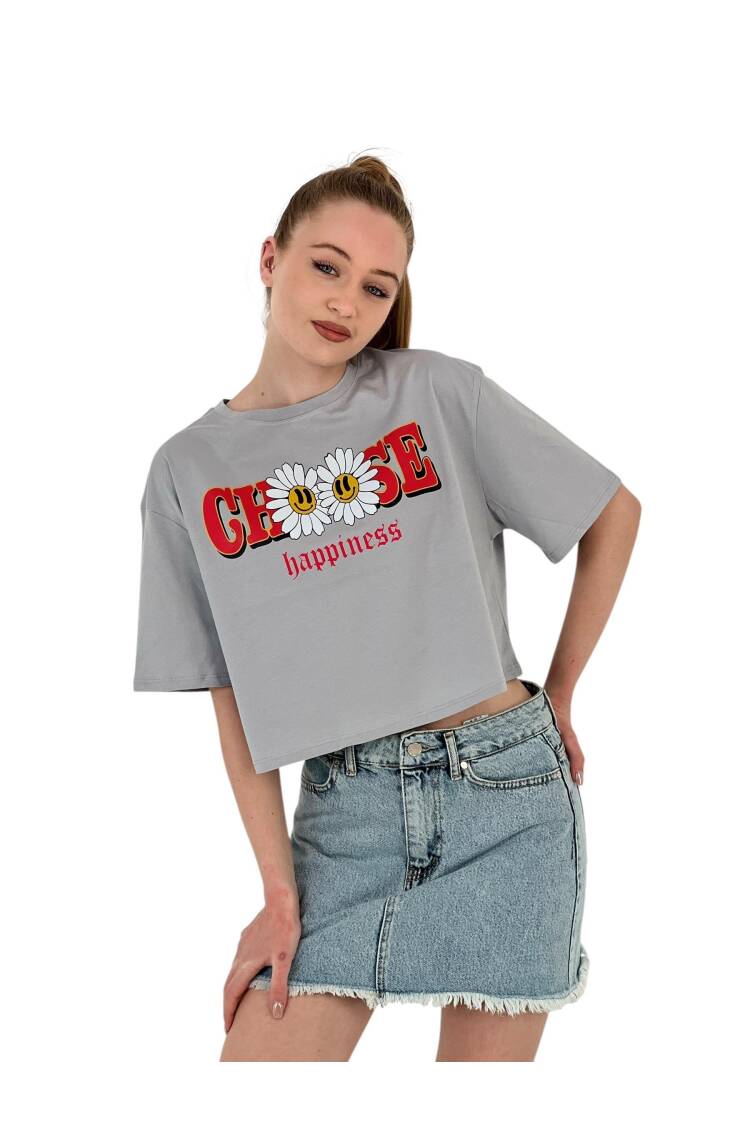 Oversize Floral Print Short White Crop T Shirt