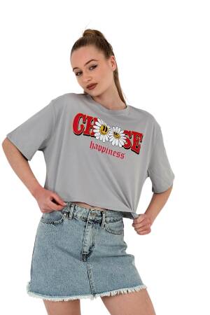 Oversize Floral Print Short White Crop T Shirt - MISS POEM - Globality Store - Women Clothes Wholesale Turkey