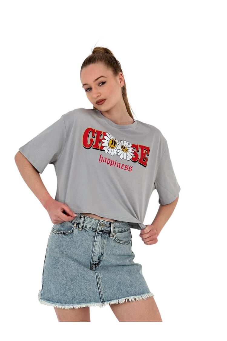 Oversize Floral Print Short White Crop T Shirt