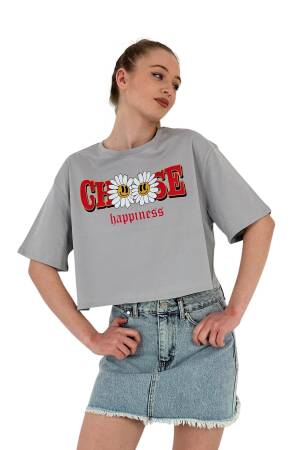 Oversize Floral Print Short White Crop T Shirt - MISS POEM - Globality Store - Women Clothes Wholesale Turkey