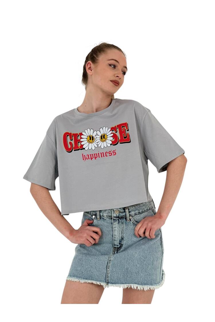 Oversize Floral Print Short White Crop T Shirt - MISS POEM - Globality Store - Women Clothes Wholesale Turkey