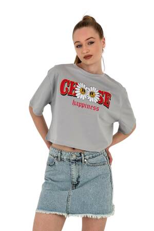 Oversize Floral Print Short White Crop T Shirt - MISS POEM - Globality Store - Women Clothes Wholesale Turkey