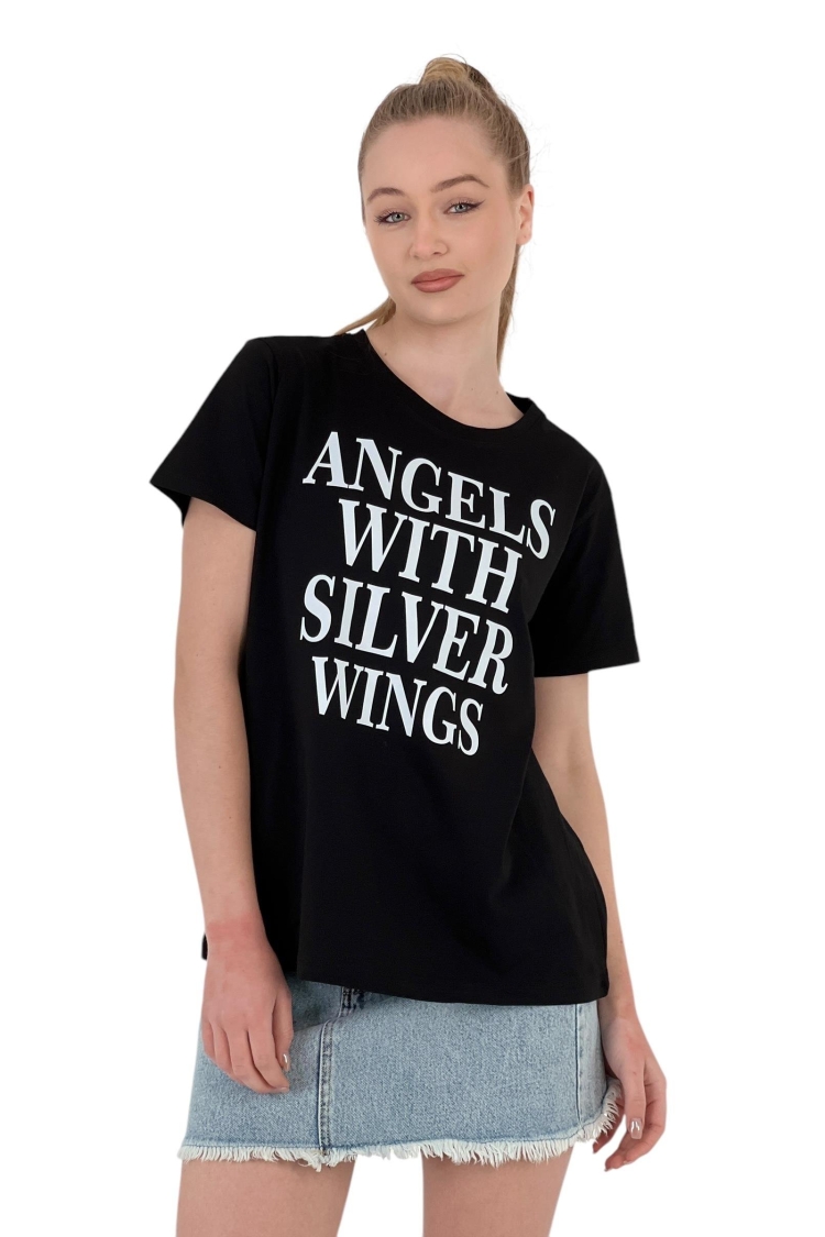 With Silver Wings PrintedT-shirt - MISS POEM - Globality Store - Women Clothes Wholesale Turkey