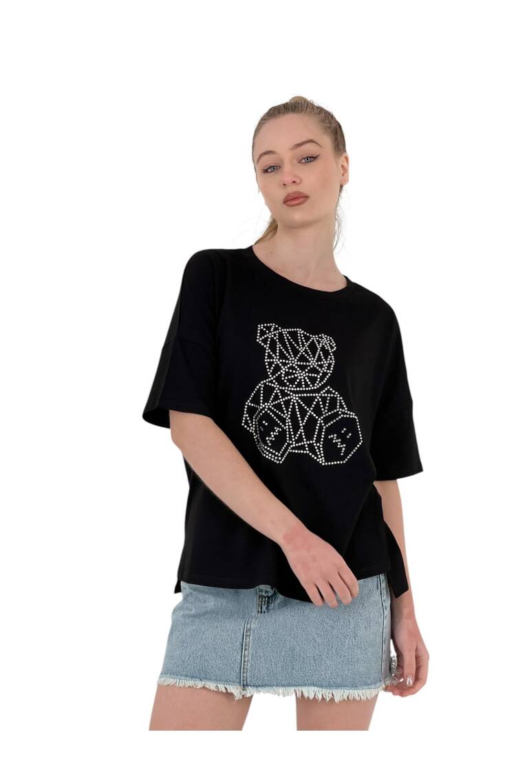 Geometric Teddy Bear Oversize T-Shirt With Stone Embroidery —& White