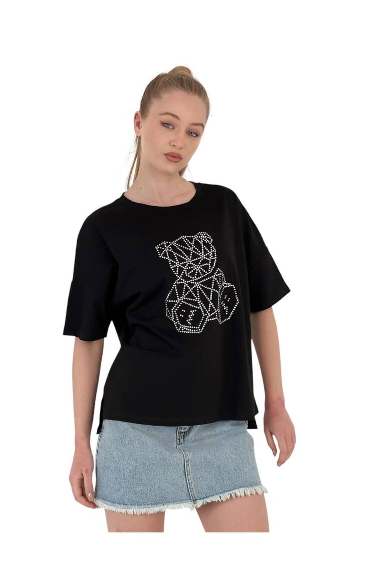 Geometric Teddy Bear Oversize T-Shirt With Stone Embroidery —& White - MISS POEM - Globality Store - Women Clothes Wholesale Turkey