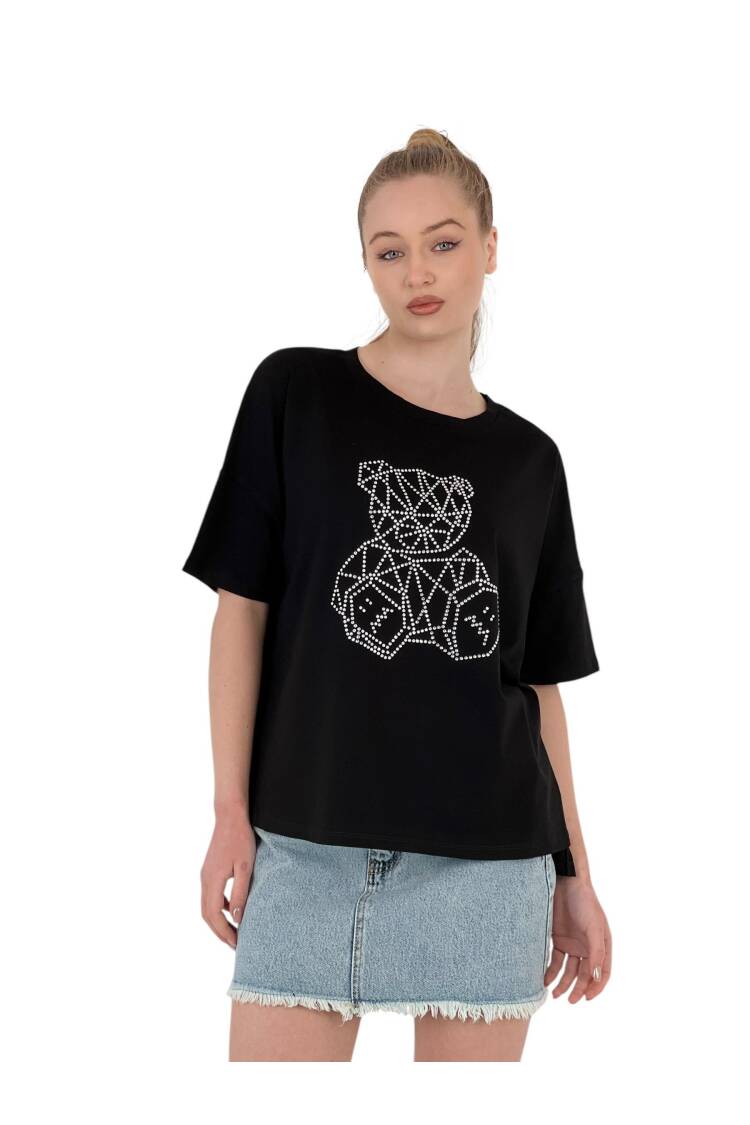 Geometric Teddy Bear Oversize T-Shirt With Stone Embroidery —& White