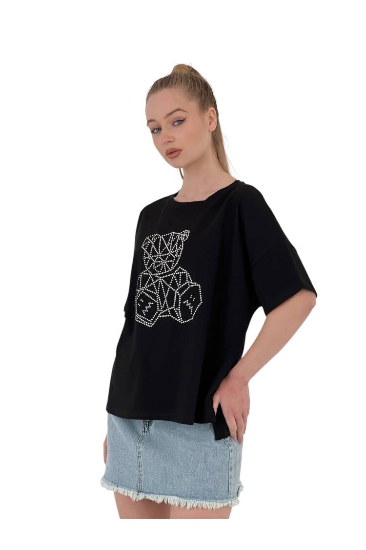 Geometric Teddy Bear Oversize T-Shirt With Stone Embroidery —& White
