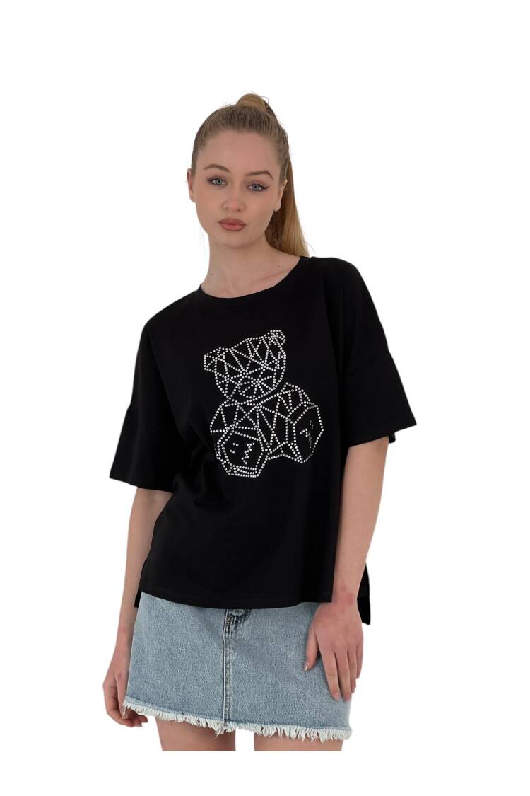 Geometric Teddy Bear Oversize T-Shirt With Stone Embroidery —& White