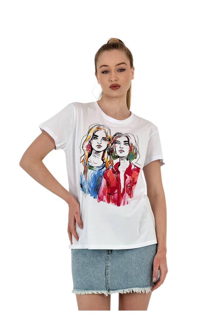 Illustration Printed T-shirt — Black & - MISS POEM - Globality Store - Women Clothes Wholesale Turkey