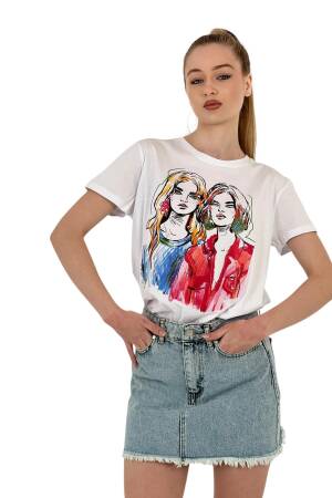 Illustration Printed T-shirt — Black & - MISS POEM - Globality Store - Women Clothes Wholesale Turkey