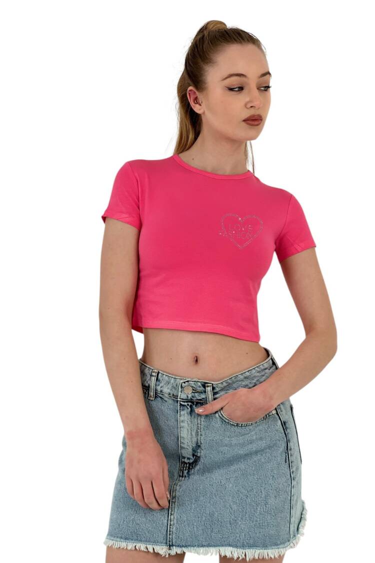 Stone Embroidered “love Fashion” Short T-Shirt —& White