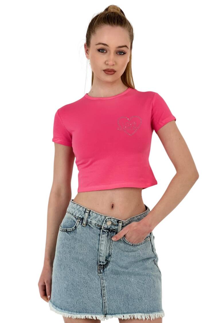 Stone Embroidered “love Fashion” Short T-Shirt —& White - MISS POEM - Globality Store - Women Clothes Wholesale Turkey