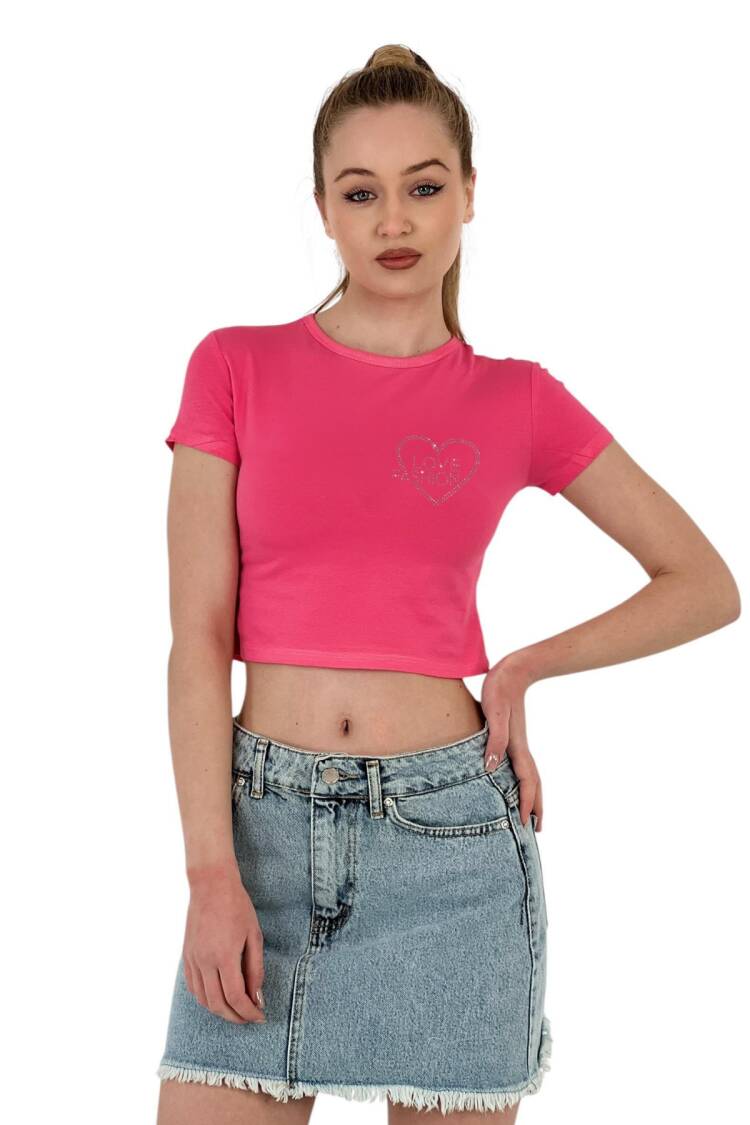 Stone Embroidered “love Fashion” Short T-Shirt —& White