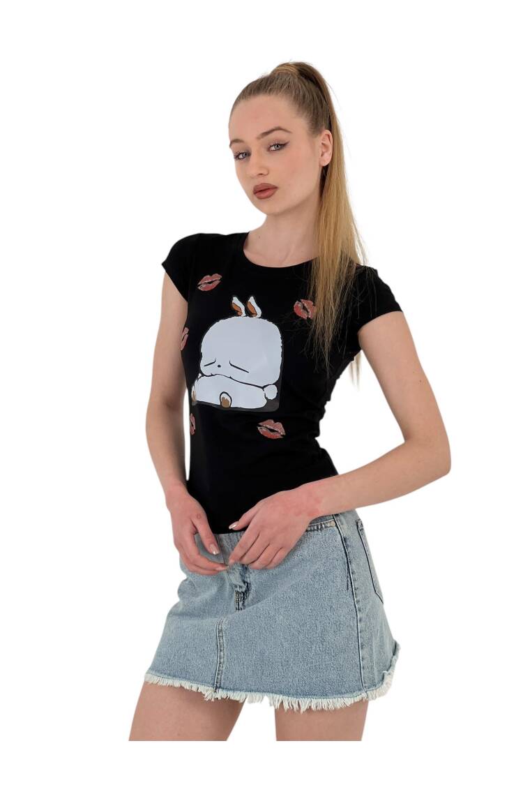 Rabbit Printed Short Sleeve SkinnyT-Shirt