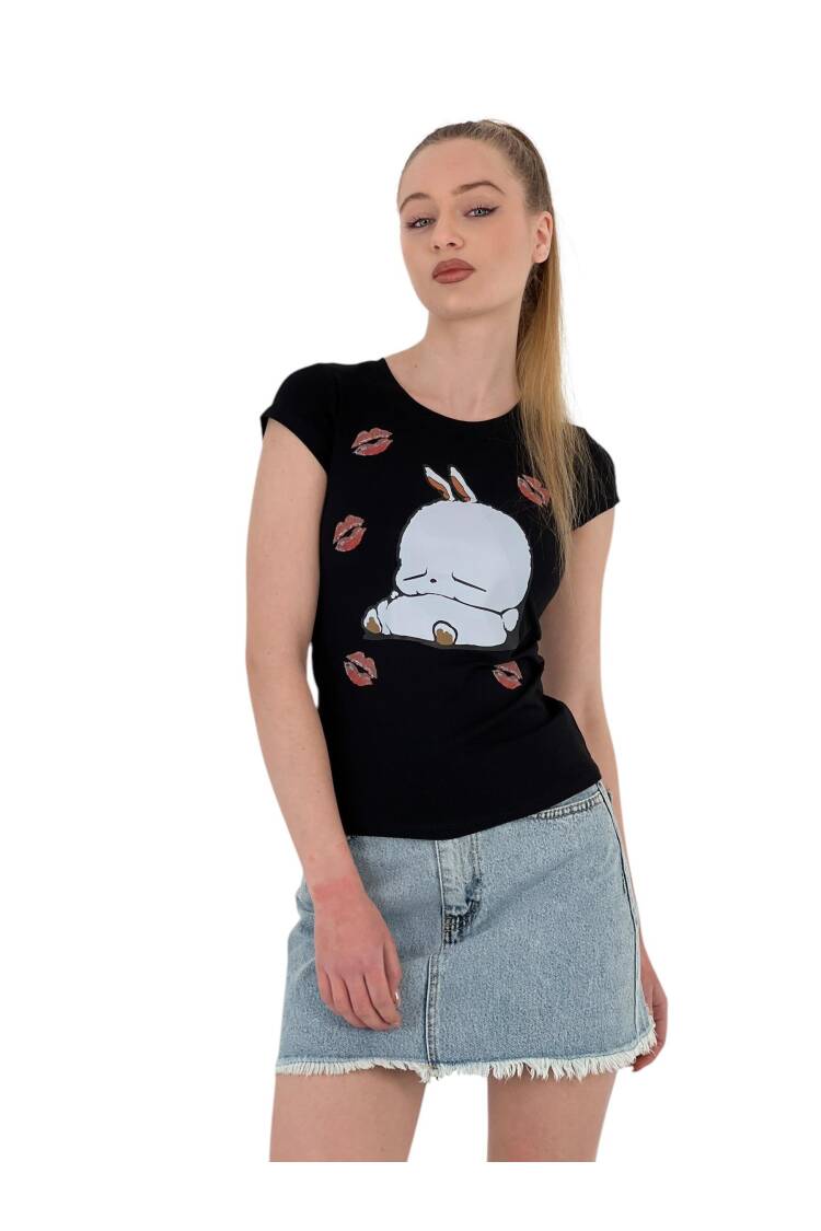 Rabbit Printed Short Sleeve SkinnyT-Shirt