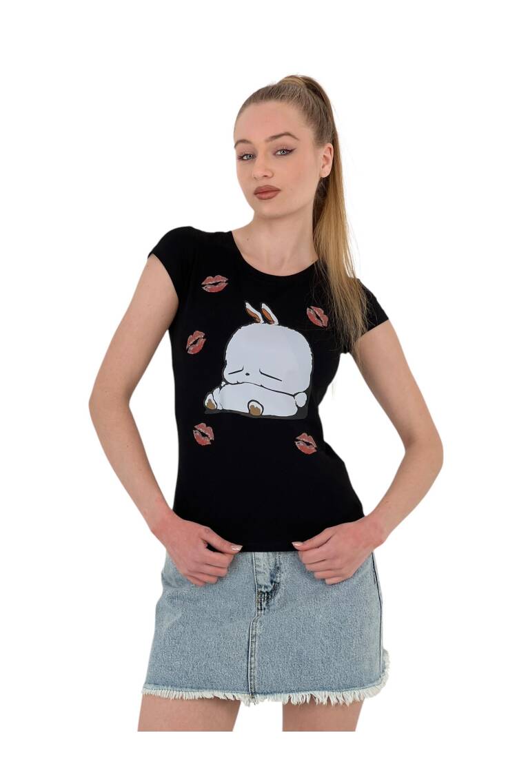 Rabbit Printed Short Sleeve SkinnyT-Shirt