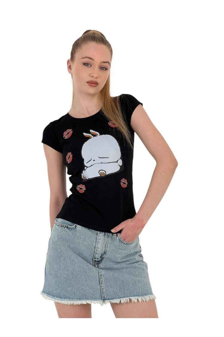 Rabbit Printed Short Sleeve SkinnyT-Shirt
