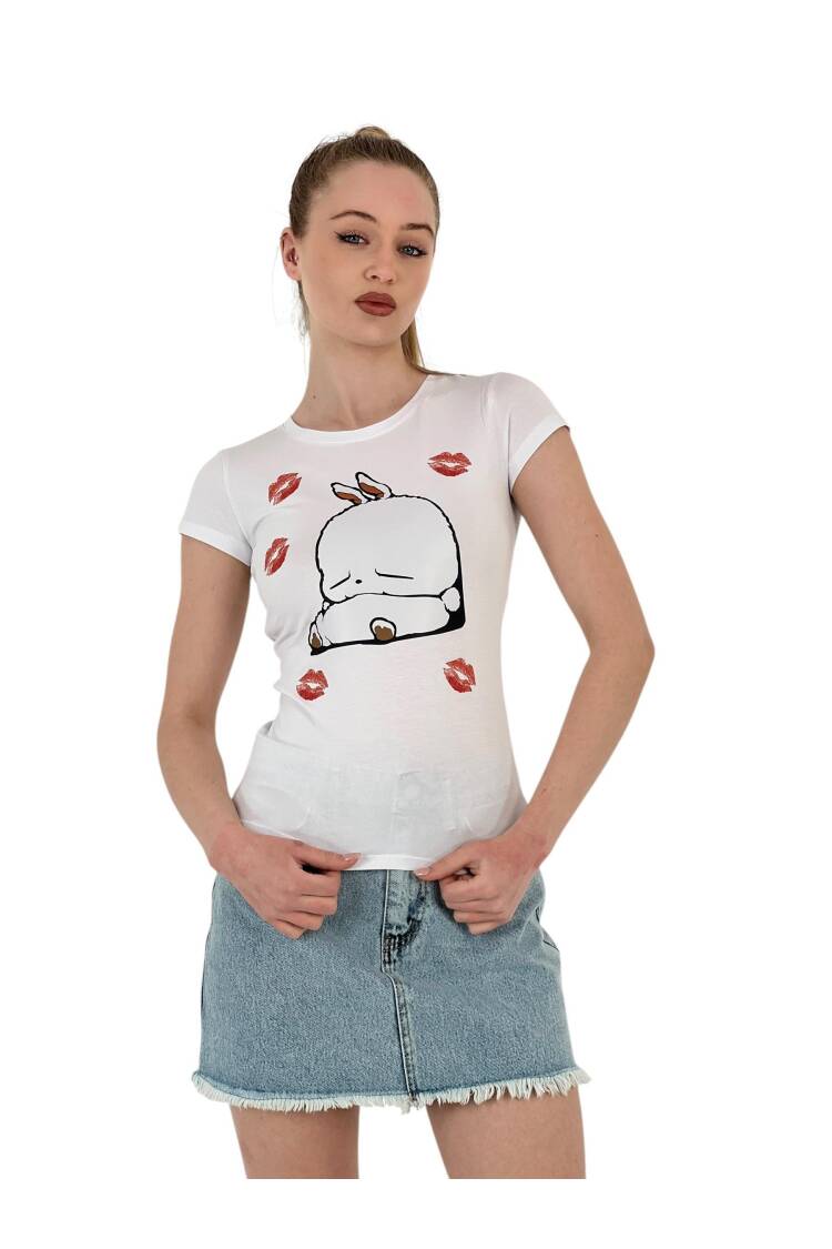 Rabbit Printed Short Sleeve Skinny Black T-Shirt - MISS POEM - Globality Store - Women Clothes Wholesale Turkey