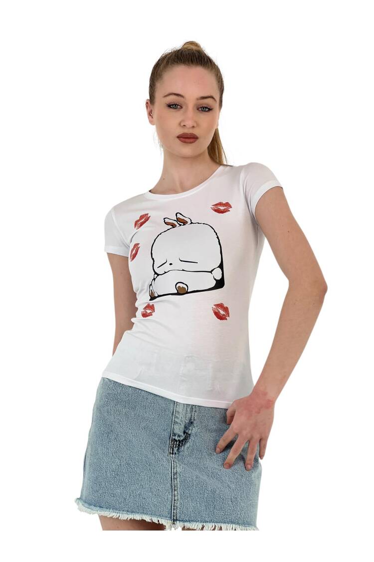 Rabbit Printed Short Sleeve Skinny Black T-Shirt