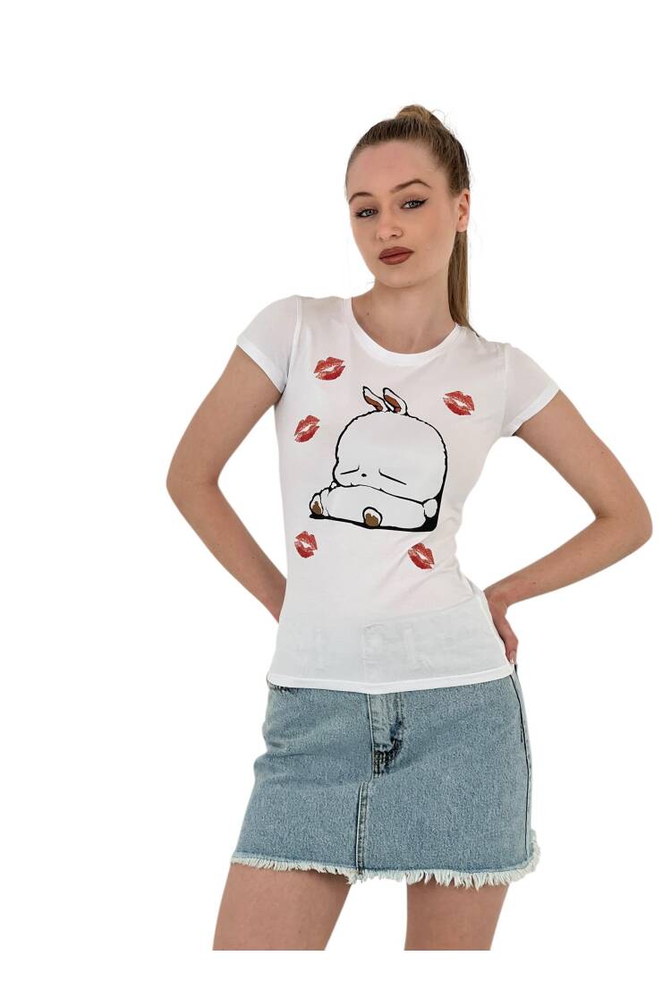 Rabbit Printed Short Sleeve Skinny Black T-Shirt