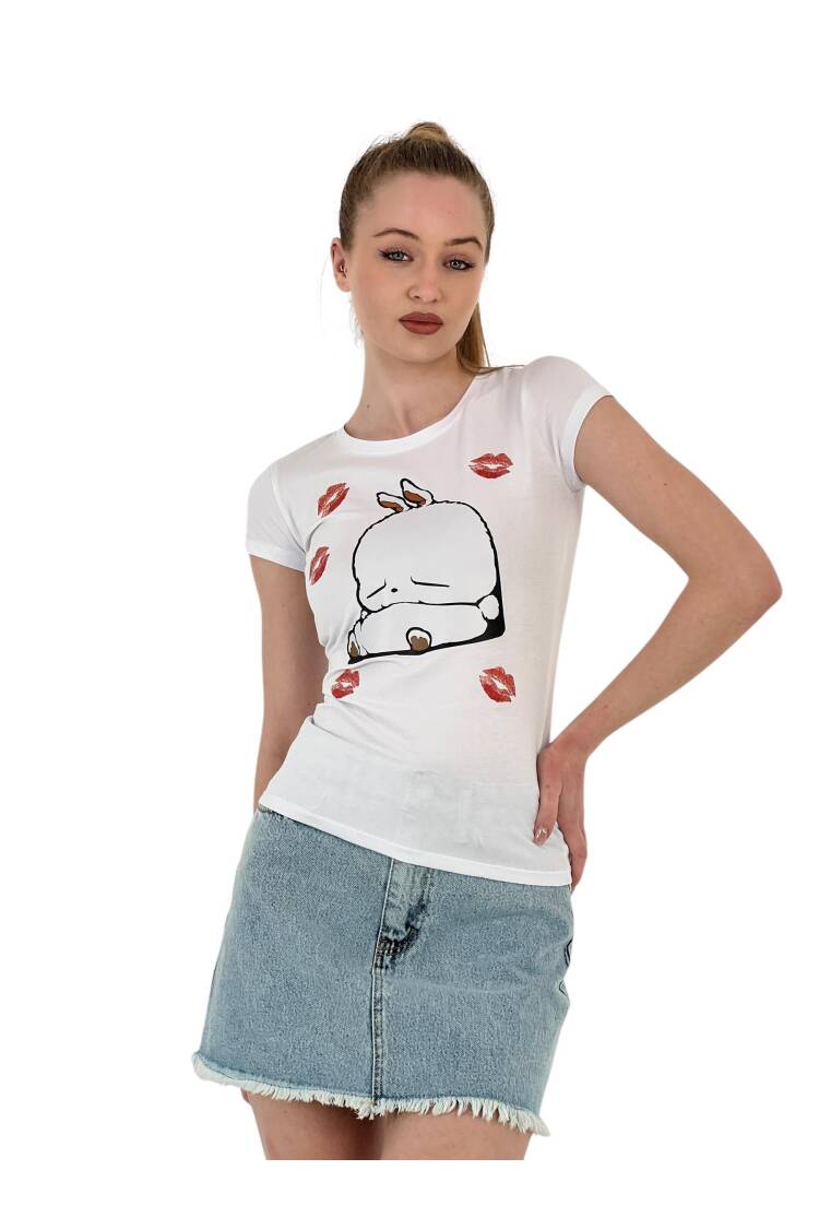 Rabbit Printed Short Sleeve Skinny Black T-Shirt