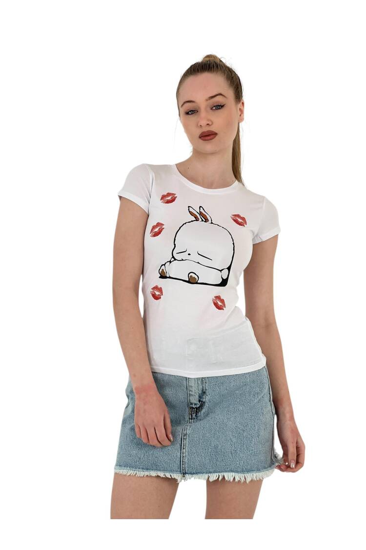 Rabbit Printed Short Sleeve Skinny Black T-Shirt